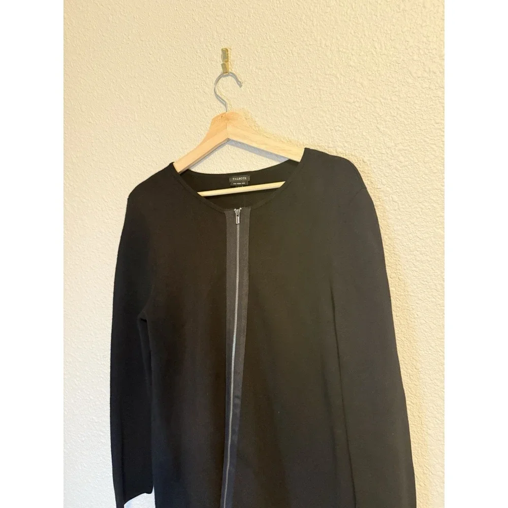 Talbots 100% Wool Long Sweater Tunic Midi Cardigan Jacket Black Full Zip Women L